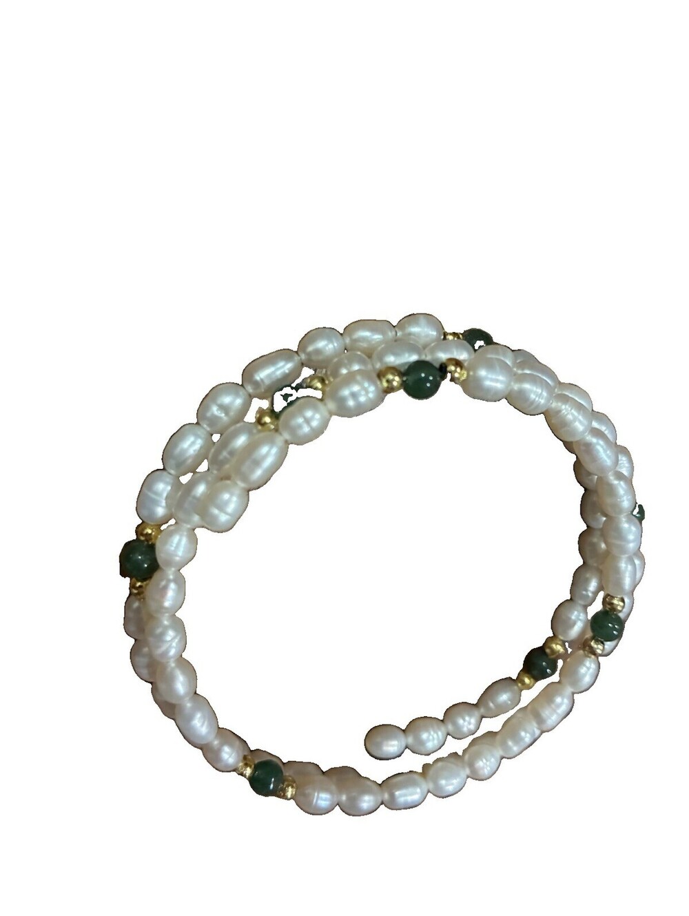 Vintage Freshwater Pearl & Green Jade Bead Coil Memory Wire Wrap Brace